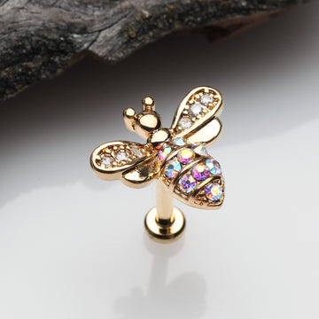 Detail View 1 of Golden Glistening Honey Bee Sparkle Internally Threaded Labret-Clear Gem